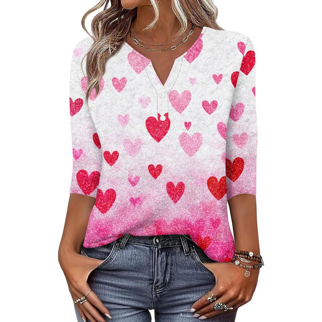 Camiseta feminina estampada com botões, manga 3/4, moda diária, de fim de semana, básica, decote em V, top regular