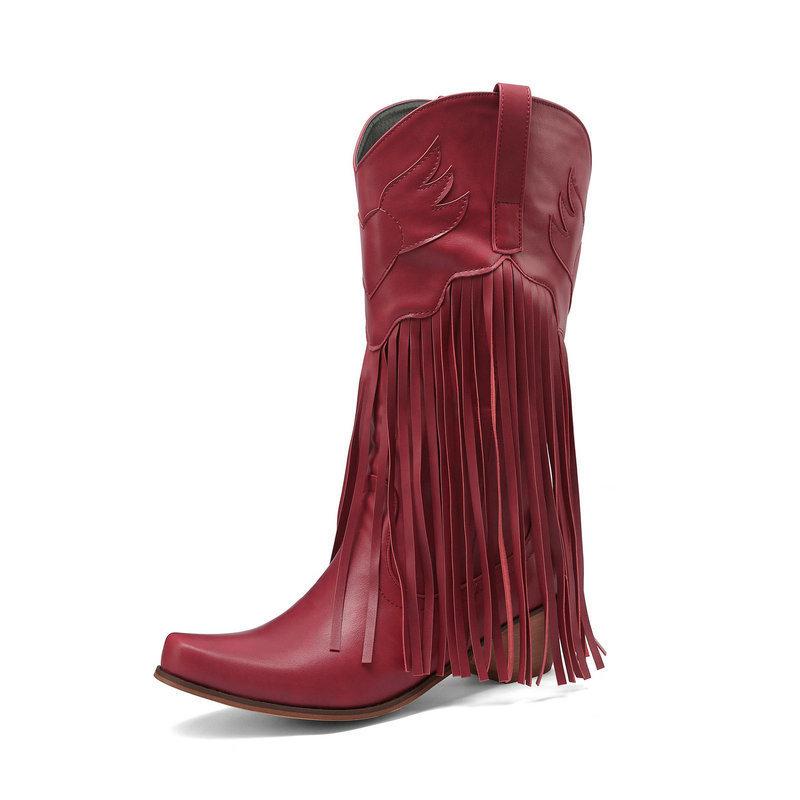 Women's European & American Vintage Mid-Calf Boots - Chunky Heel, High Heel, Round Toe, Fringed Knight Boots & Boots
