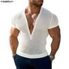 Summer Men V Neck Short Sleeve Mesh See Through Hollow T-shirts Tops