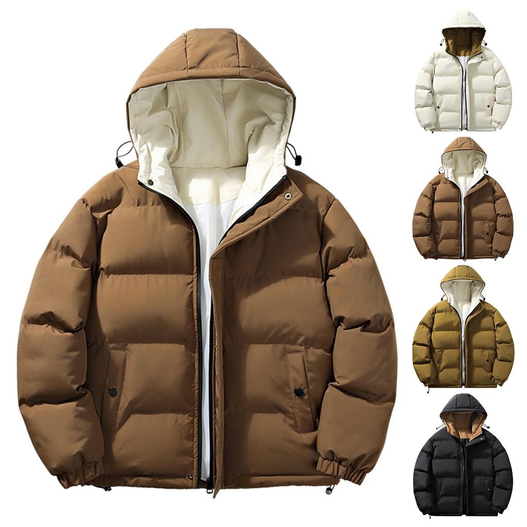 Men's Solid-color Casual Hooded Cotton-padded Jacket, Thickened Warm And Windproof Zipper Jacket