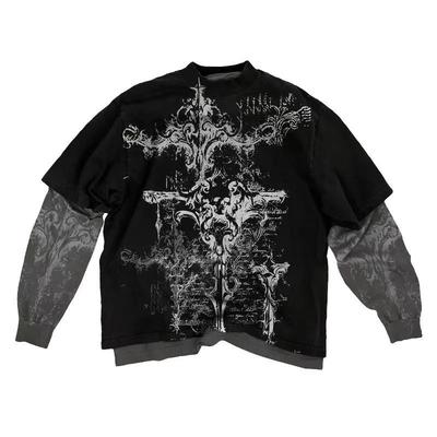 New European and American Street Trendy Brand Skull Head Graffiti Printing T-shirt Fake Two-piece Top Casual Long-sleeved T-shirt