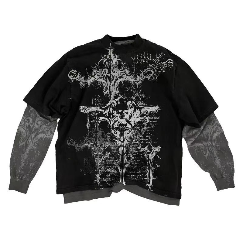 2025 New European and American Street Tide Brand Skull Head Graffiti Printing T-shirt Fake Two-piece Top Casual Long-sleeved T-shirt