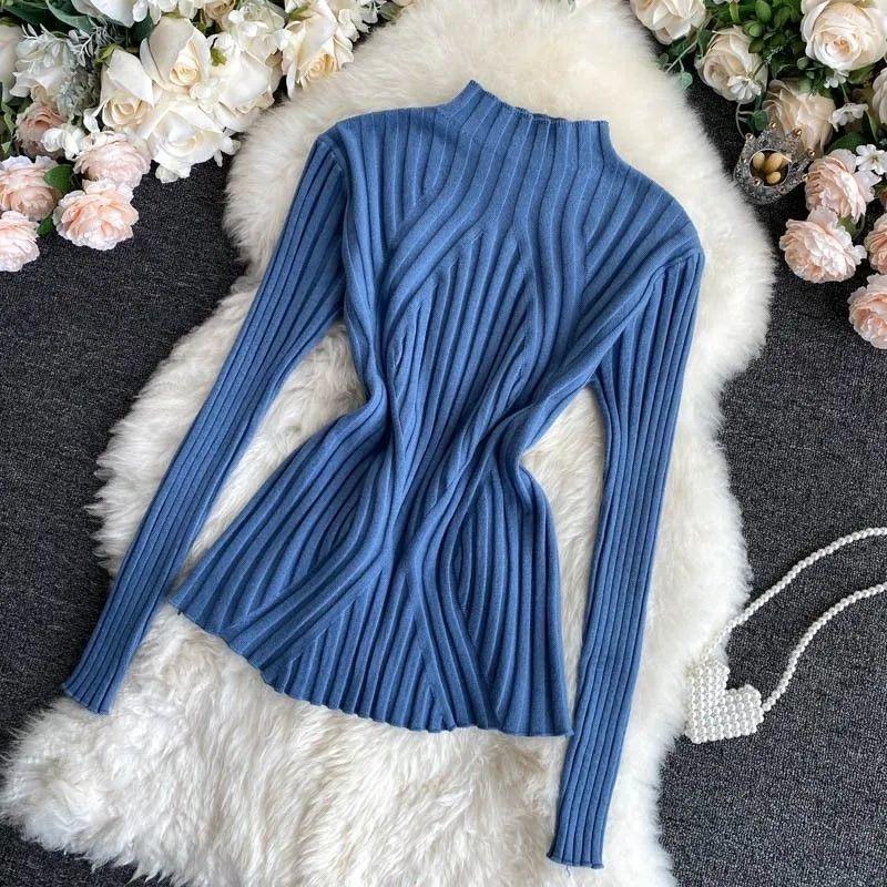 Knitted Sweater Women Pullover Half Turtleneck Jumper Sweater Autumn Winter Solid Slim Chic Streetwear Long Sleeve Y2K