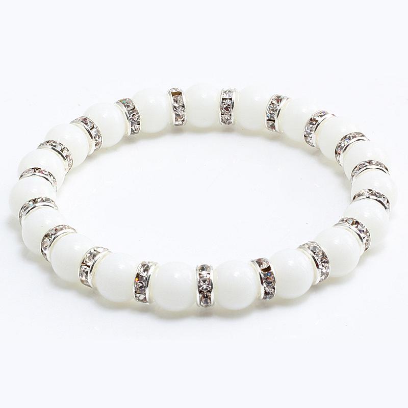 8mm White Porcelain Beads Rhinestone Bracelet: Trendy Unisex Wristband with Hand Rope