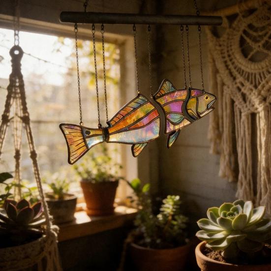 Handcrafted Stained Glass Fish Suncatcher Acrylic Fish Window Hanging Ornament Handmade Iridescent Fish Wind Chime for Patio Garden Home