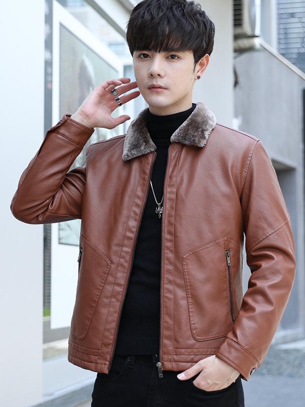 Men's Thick Leather Jacket with Fleece Lining - Lambswool, PU Leather, Lapel Collar, Warm Casual Coat for Spring & Autumn.