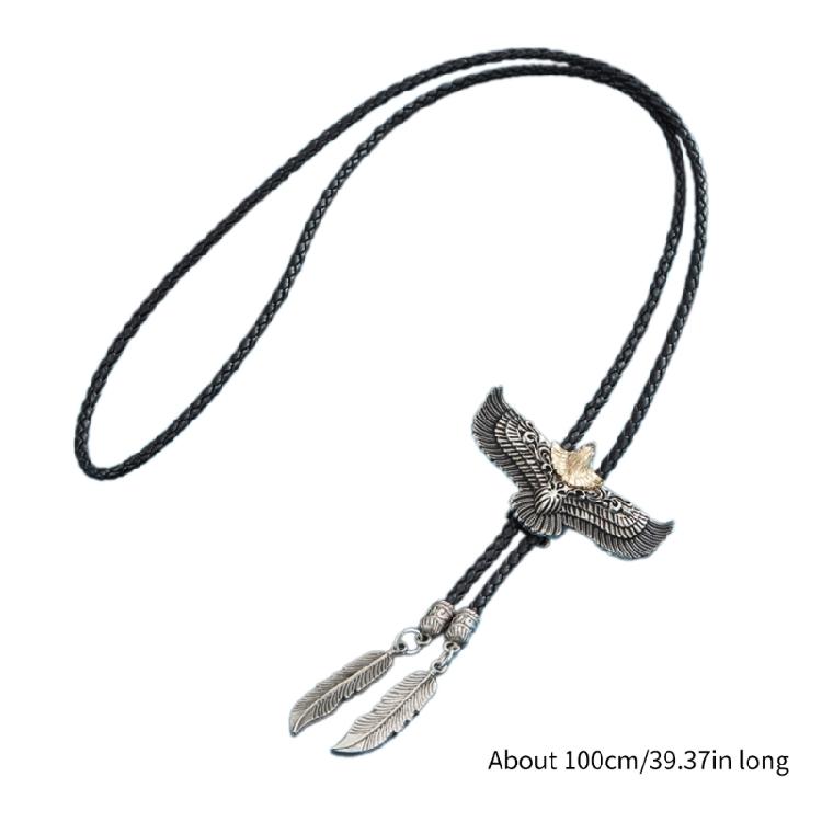 Bolo Tie Leather Rope Metal Flying Eagle Western Necklace with Feathered Pendant
