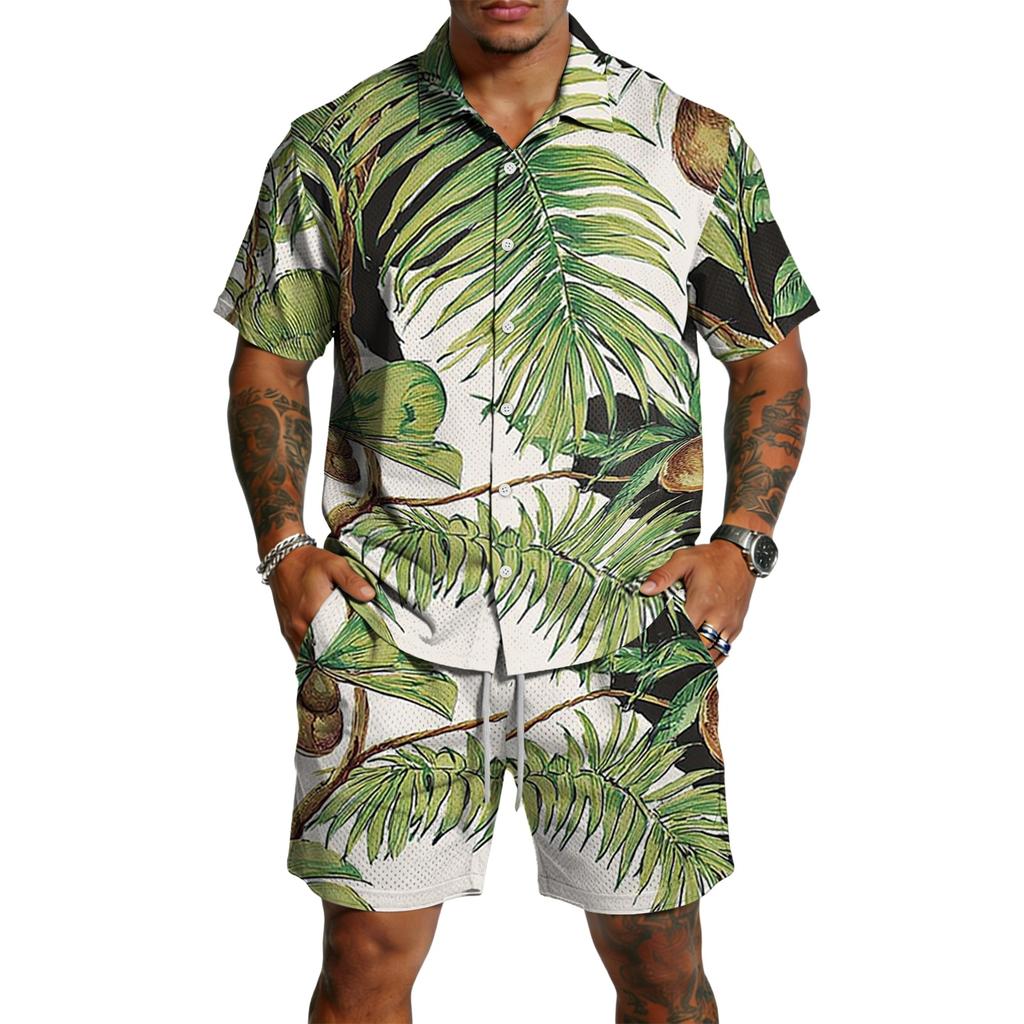 Men's Casual Printed Lightweight Breathable Shirt and Drawstring Shorts Set