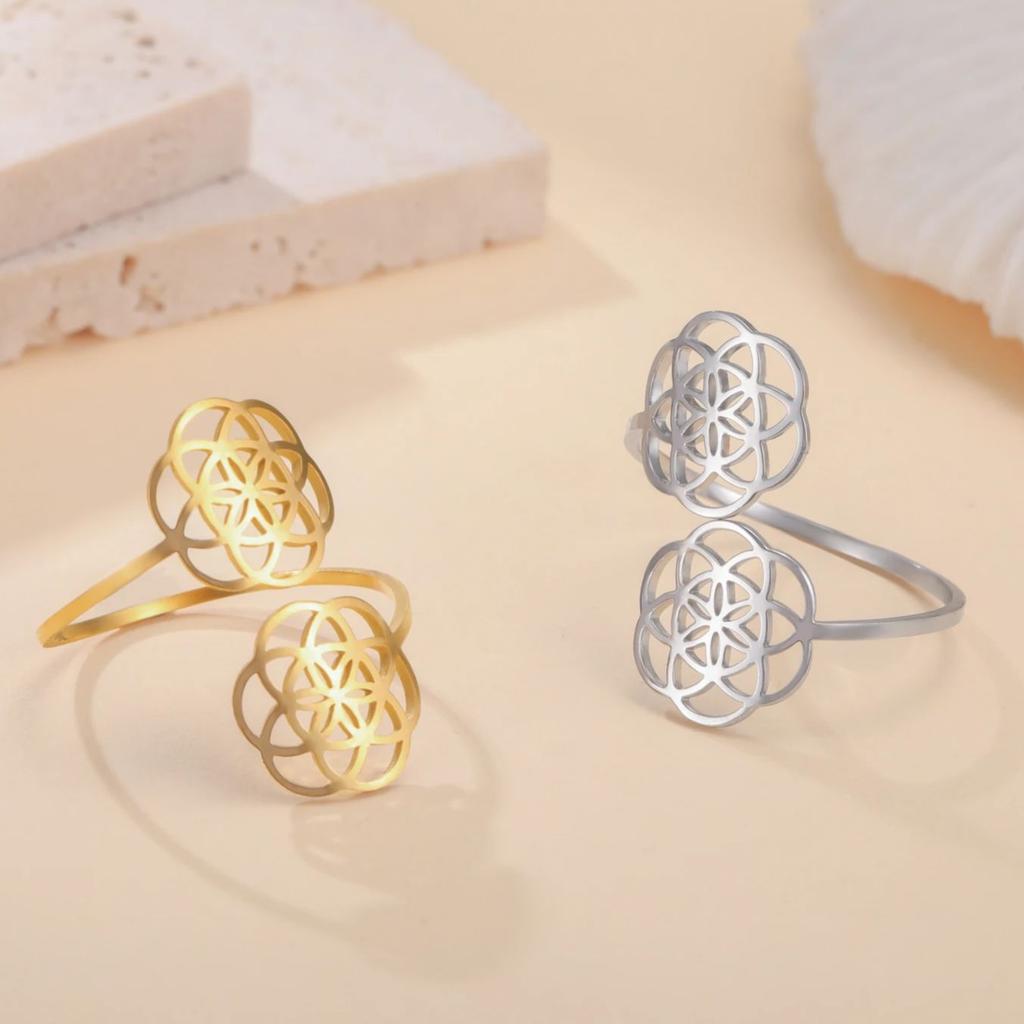 LIKGREAT Hollow Flower of Life Sacred Geometry Adjustable Ring for Women Stainless Steel Vintage Chakra Mandala Jewelry Gift New