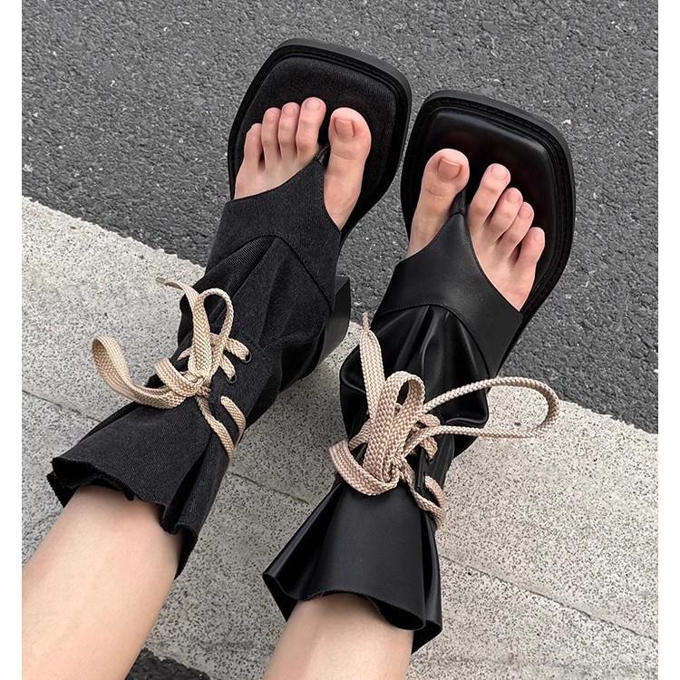 Retro square toe open toe herringbone cool boots 2025 new Spice Girl heightened thick-soled lace-up pants tube boots stacking boots