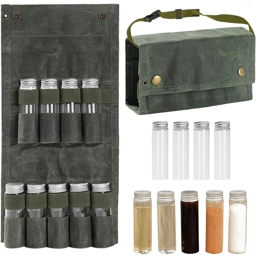 Portable Spice Waterproof Camping Seasoning Container with 9 Spice Jars, Folding Canvas Seasoning Storage, Travel Multi Spice Containers Set with