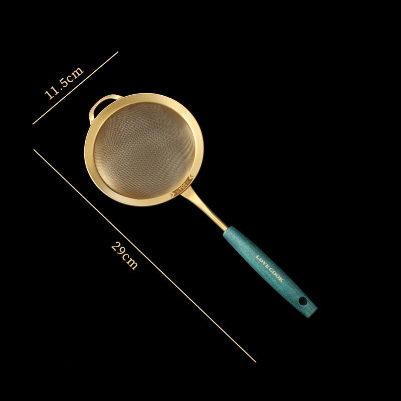 304 Stainless Steel Kitchen Strainer with Green Handle Golden Juice Flour Sieve Fried Food Skimmer Fine Mesh Filter Colander