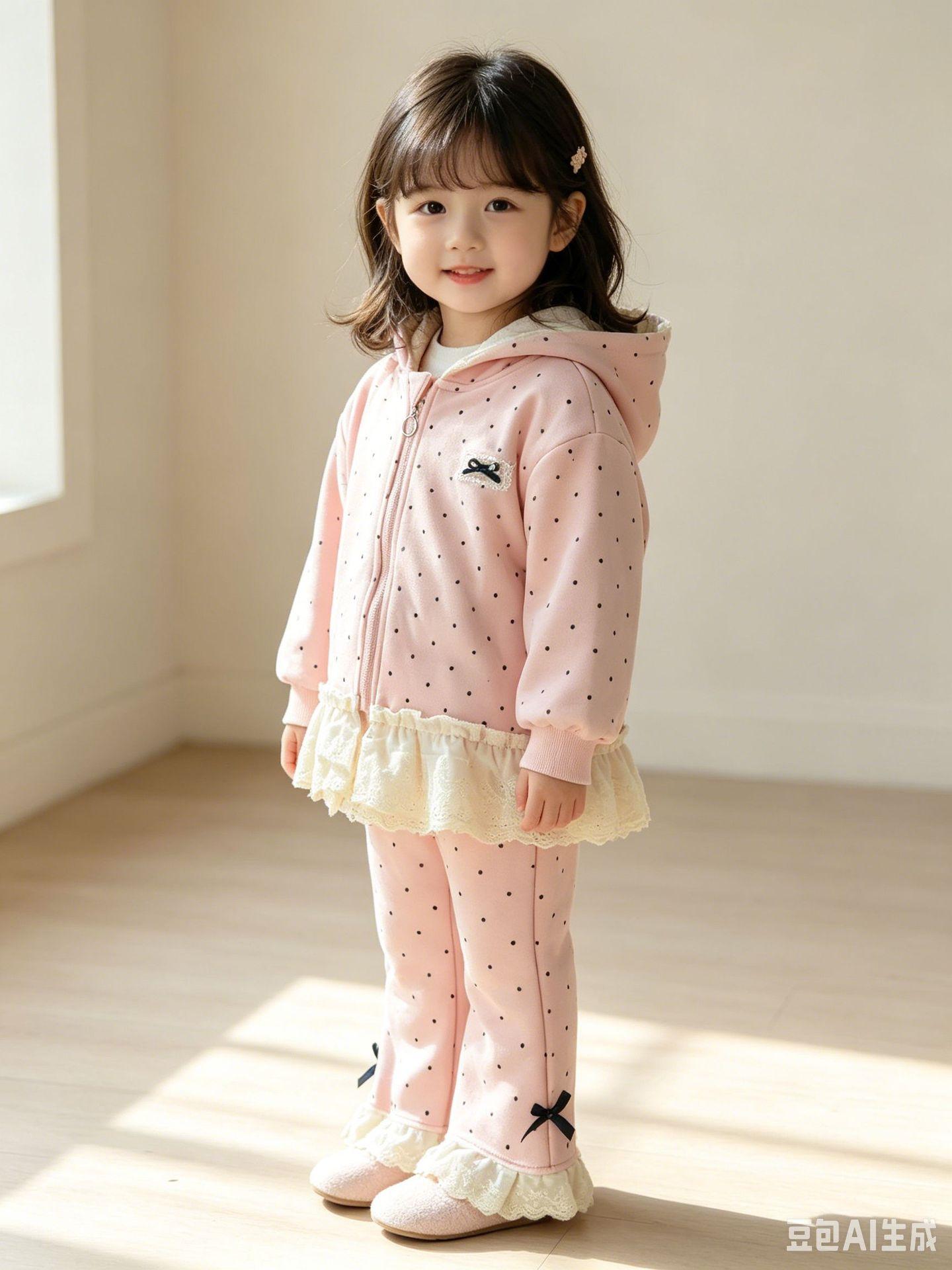 Girls Spring Autumn Cute Polka Dot Bow Hooded Two Piece Set Korean Casual Outfit 80