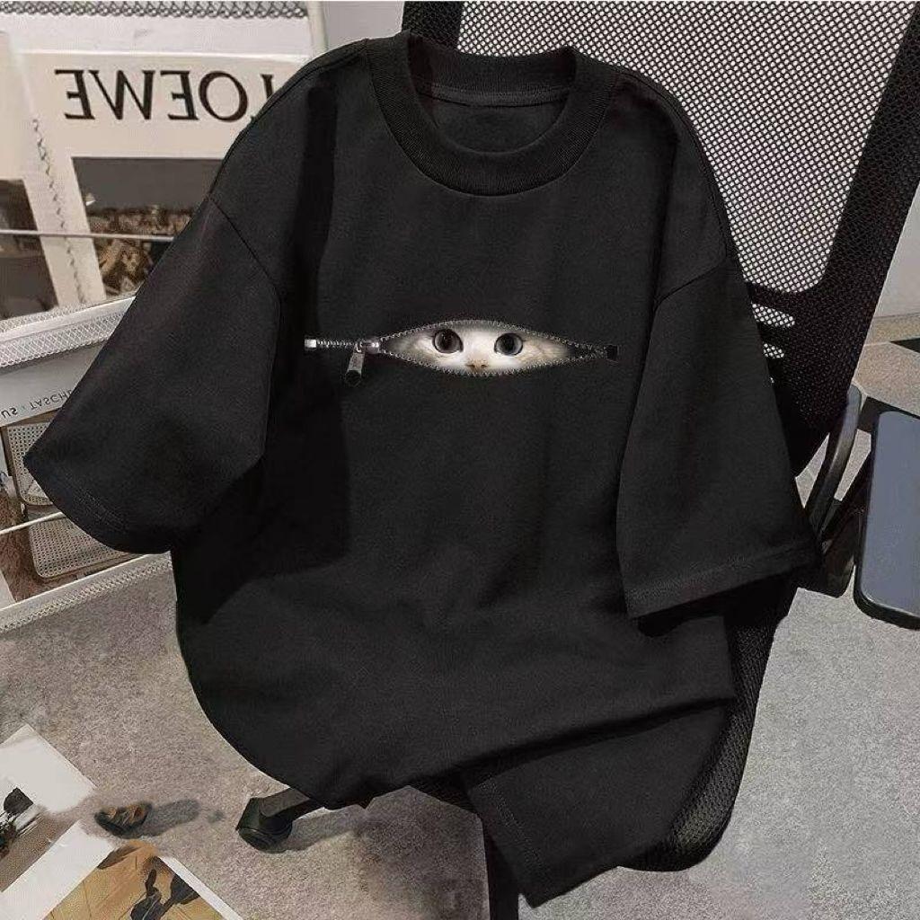 

2026 New Street Cartoon Chain Cat Graphic Print Plus Size Men s and Women s Cotton Short Sleeve Loose Crew Neck T-Shirts S