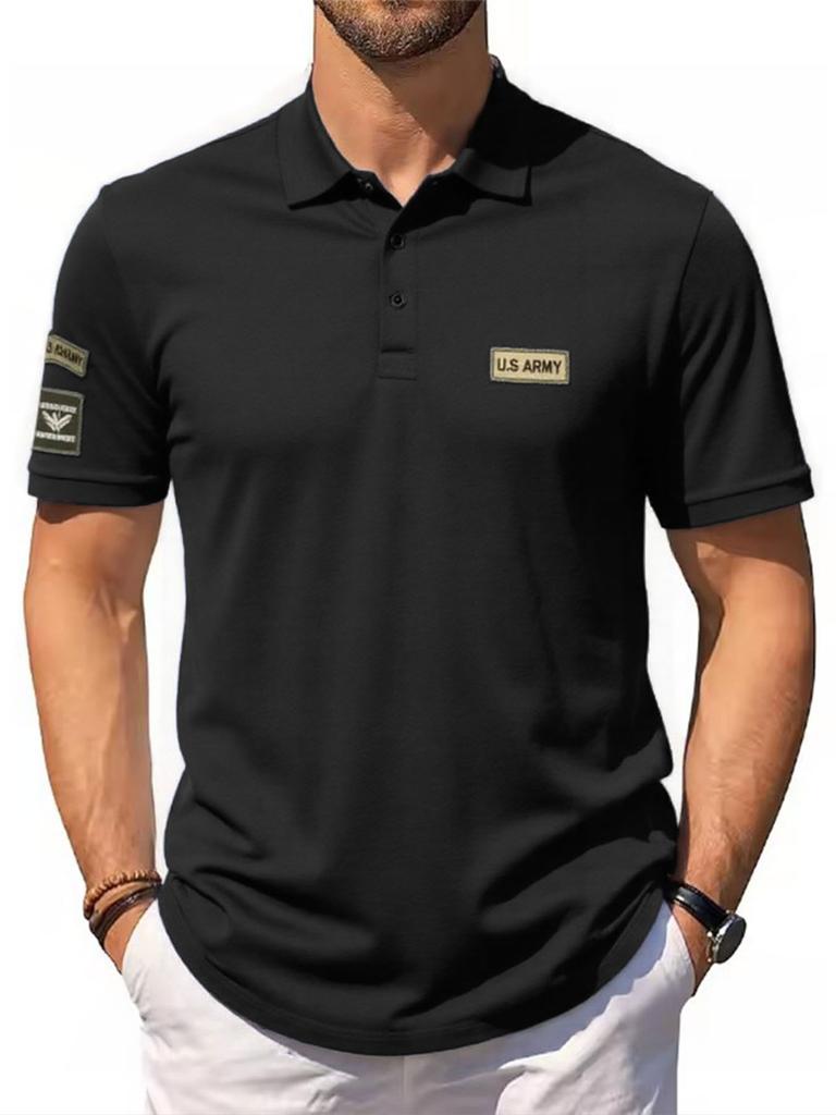 Men's Short-sleeved Polo Shirts Summer Casual Tops Turn Down Collar Labelled Tees Solid Color Male Button T-shirt