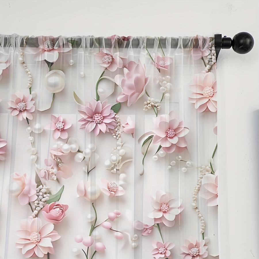 2PCS Digital Print Sheer Curtains, Flower Pearl Pattern, Elegant Light Luxury Style for Living Room Bedroom Window Decor