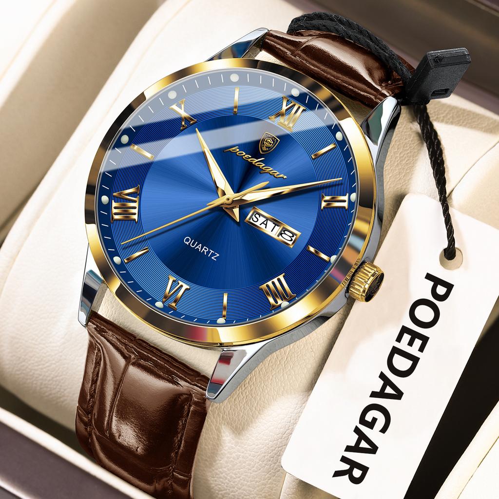 POEDAGAR Business Brand Men Clock Waterproof Luminous Date Week Fashion Man Wristwatch Leather Luxury Men's Quartz Watches Reloj