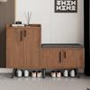 Modern Shoe Bench with Wood Grain, Shoe Cabinet, Four Storage Doors, Asymmetrical Metal Handles, W120/D34/H82.8 CM (OLD SKU: N657P242917N)