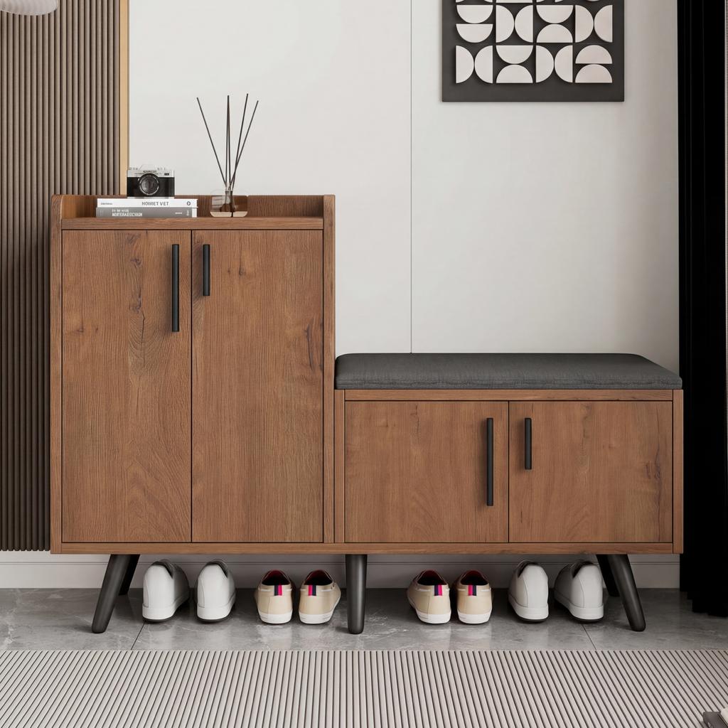 Modern Shoe Bench with Wood Grain, Shoe Cabinet, Four Storage Doors, Asymmetrical Metal Handles, W120/D34/H82.8 CM (OLD SKU: N657P242917N)