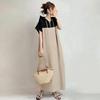 Summer 2026 Women's Japanese Style Hooded Patchwork Casual Loose Midi Dress with Short Sleeves