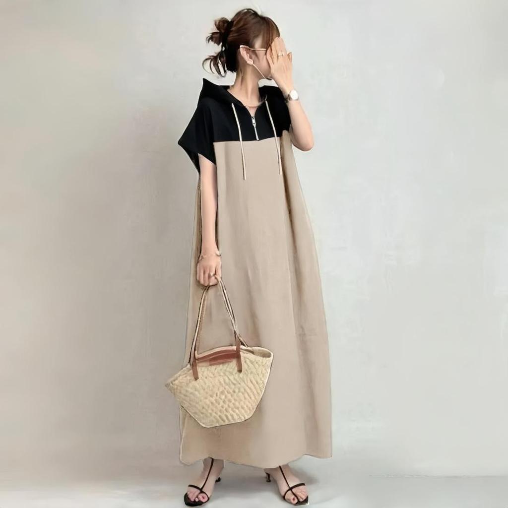Summer 2026 Women's Japanese Style Hooded Patchwork Casual Loose Midi Dress with Short Sleeves