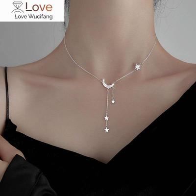 Bling 925 Sølv Sterling Dusk Star Moon Halskjede For Kvinner Kravbenskjede Kvinne Smykker Bursdagsgave Tilbehør