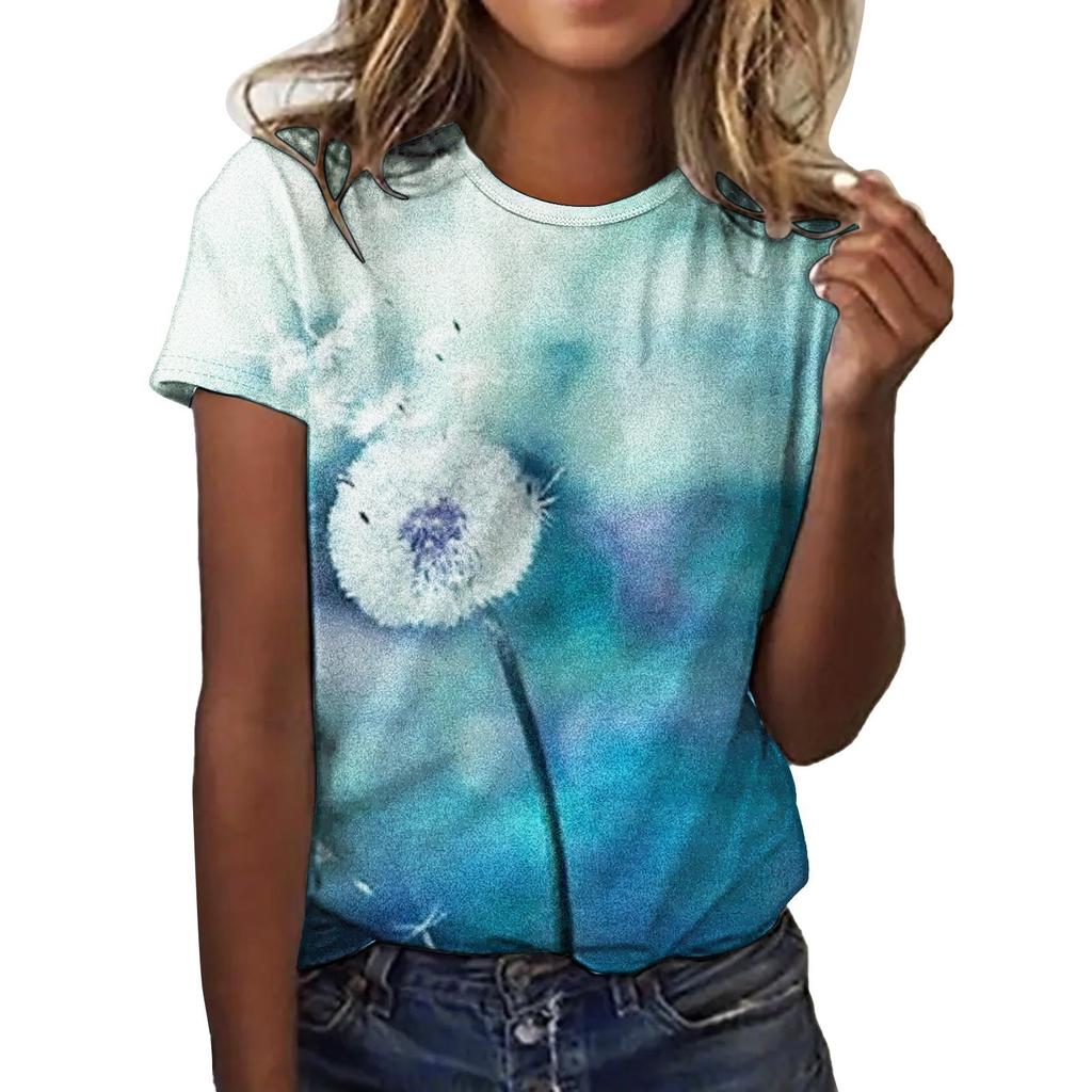 Summer Round Neck 3D Love Flower Print Top Fashionable Casual Short Sleeved Women's T-shirts