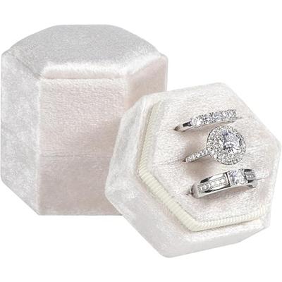 Caja de Anillos de Terciopelo, Caja de Anillos de Boda con 3 Ranuras, Caja de Anillo de Compromiso Hexagonal, Caja de Anillos de Joyería Premium para Propuesta, Compromiso, Día de la Boda, Foto de Novia