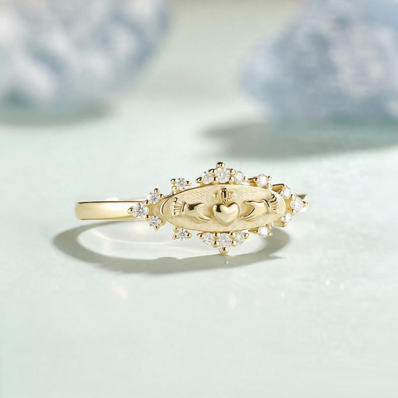An Elegant Golden Ring with A Symbol of Love, A Sparkling Zircon, An Accessory for Special Occasions and Nights