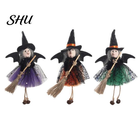 Halloween Witch Ornament Decoration Soft Cloth Gauze Skirt Mini Broom Stuffed Doll Hanging Festival Figurine Pendant Gift Idea