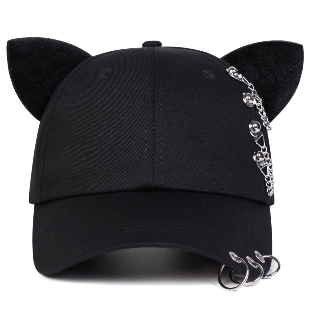 Men Gothic Cat Ear Baseball Cap Chain Iron Ring Outdoor Adjustable Sunscreen Leisure Hat Spring Autumn Travel Tourism Beach Vacation