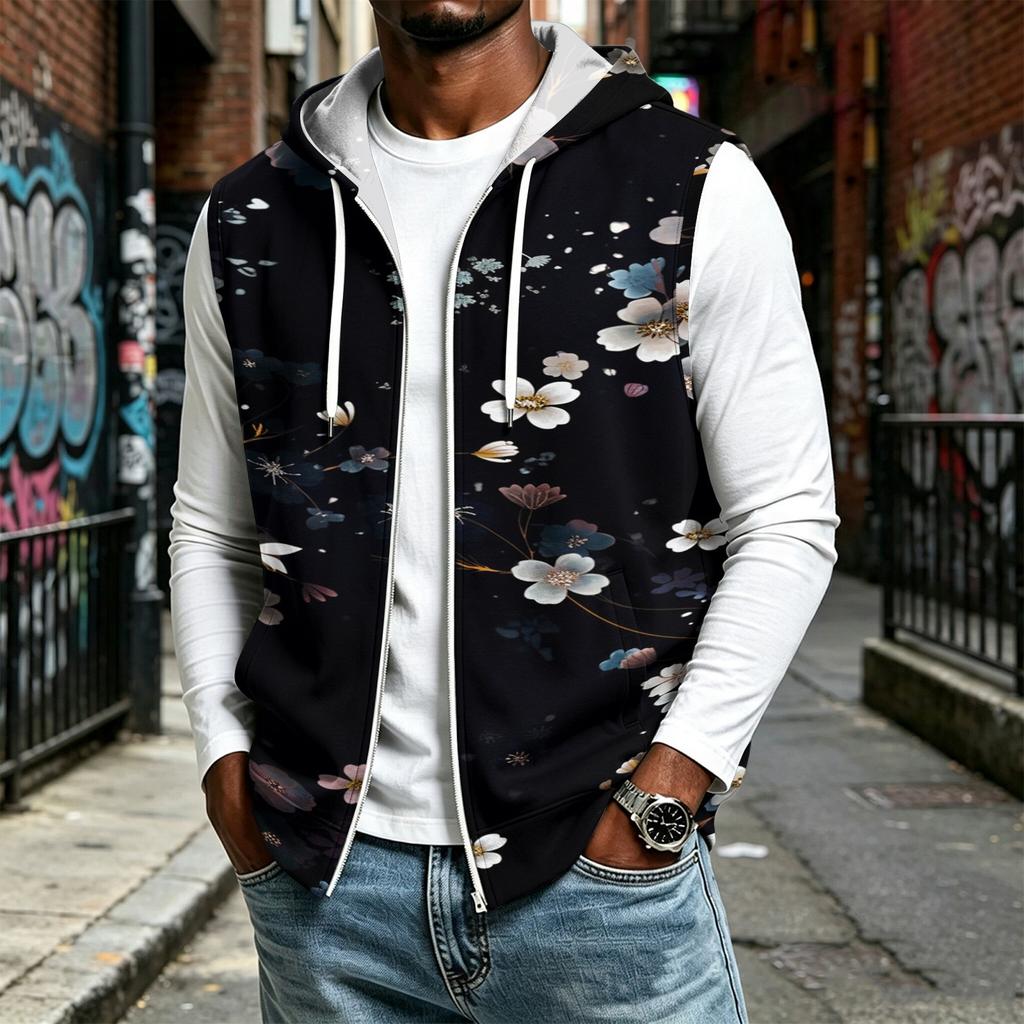 Men's Hooded Sleeveless Casual Zip-Up Sports Vest with Christmas Print Holiday Party Outfit