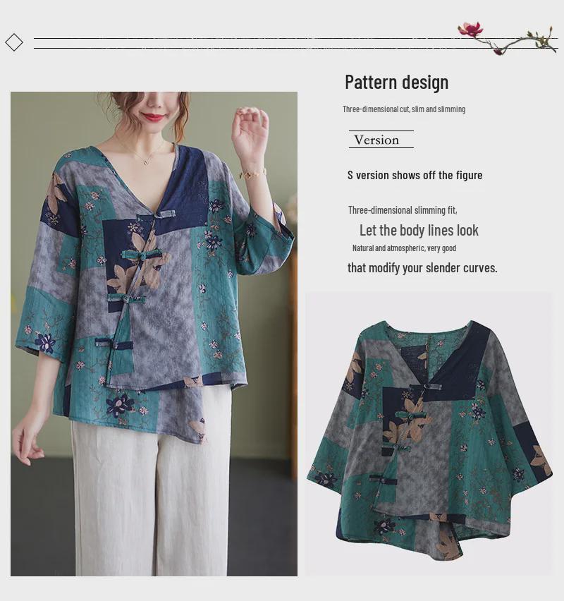 2022 Summer V-Neck Asymmetrical Cotton Linen Shirt - Printed, Plus Size, Mid-Length Sleeves, Retro Women's Fashion