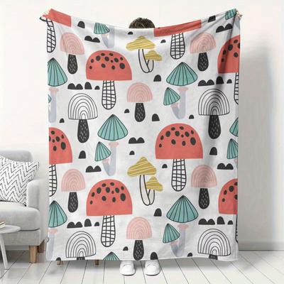 Cozy Mushroom Flannel Blanket - Soft Knitted Blanket for Sofa/bed/travel, Bright Decor with Mushroom Pattern