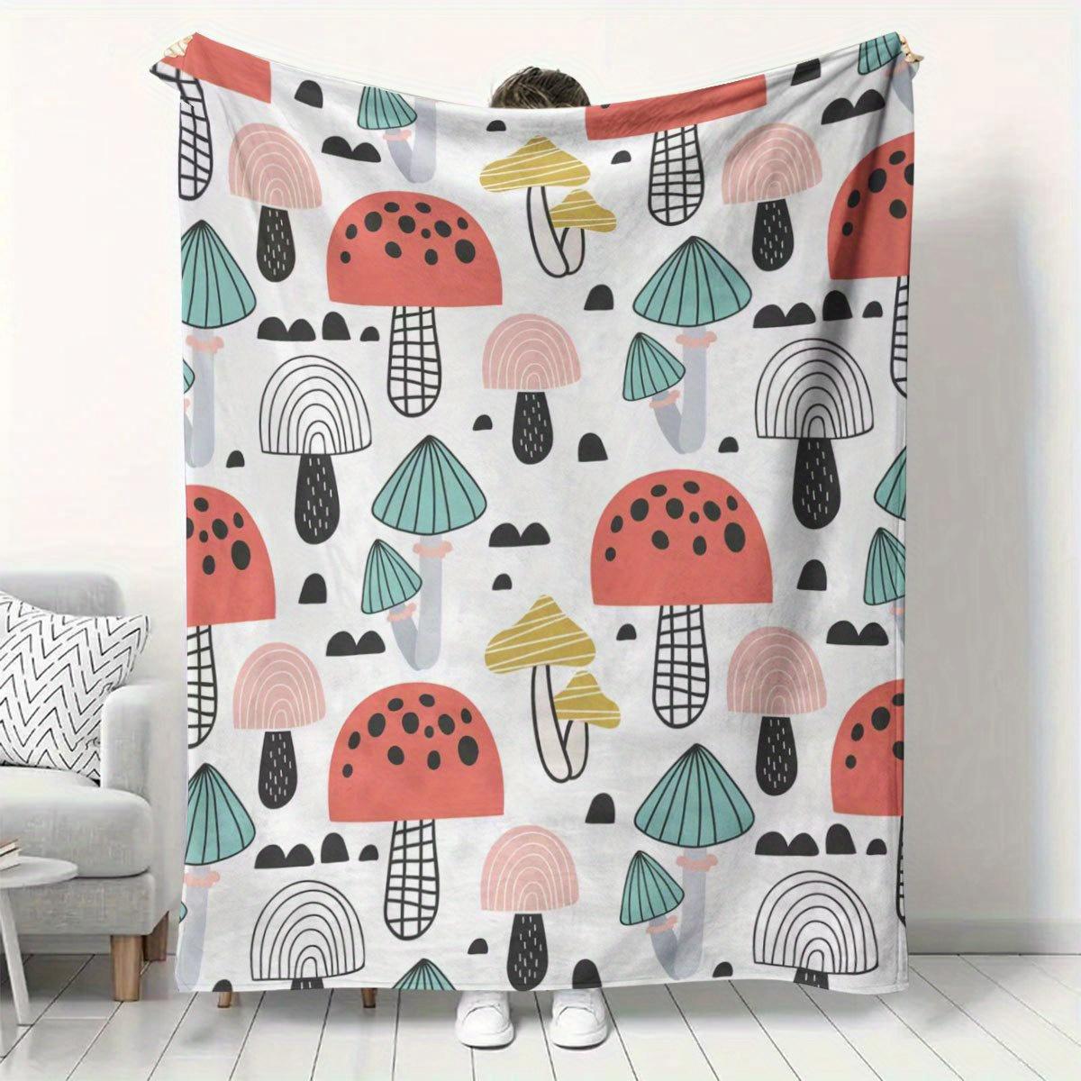 

Cozy Mushroom Flannel Blanket - Soft knitted blanket for sofa/bed/travel, bright decor with mushroom pattern 100x150cm