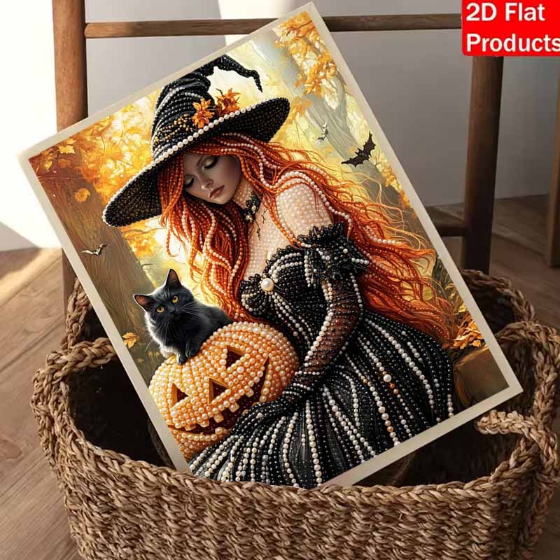Halloween pearl painting art full pearl handmade diy home decorations witch with black cat and pumpkin ornament