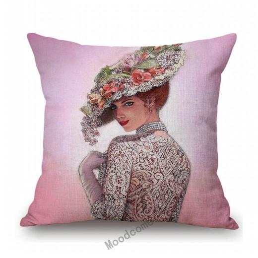 Elegant Lady With Hat Europe Victorian Era Classic Beautiful Woman Oil Painting Linen Sofa Throw Pillow Case Car Cushion Cover
