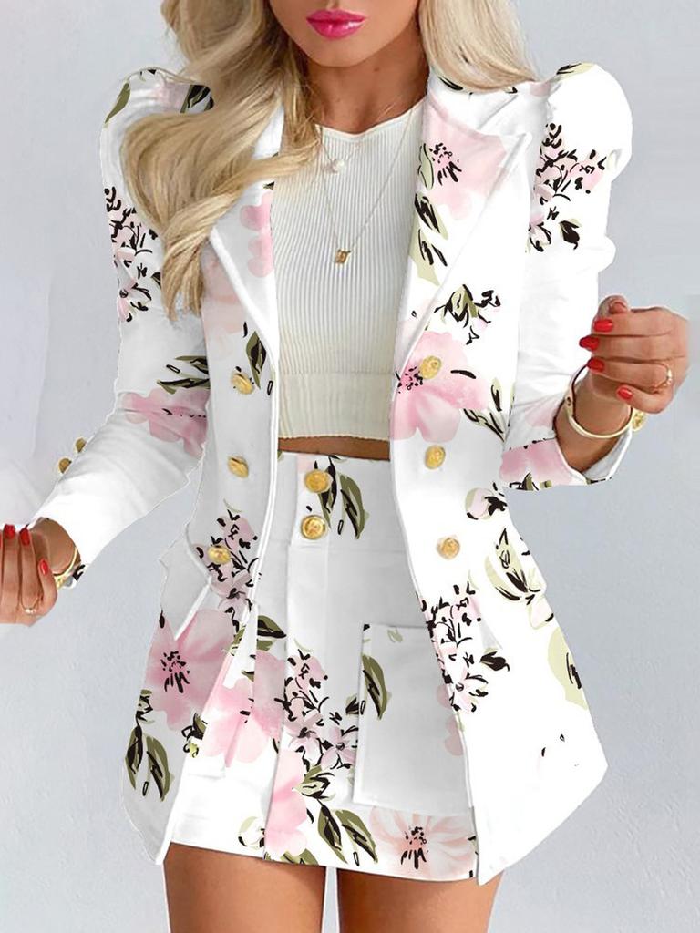 Set Moda Donna Primavera/Autunno Chic a Quadri Floreale Casual Gonna Corta Completo Due Pezzi