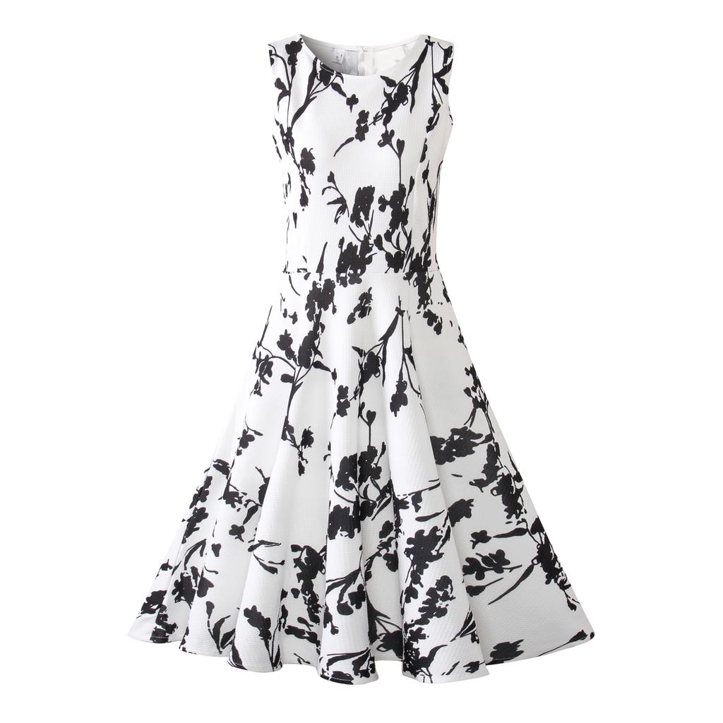 Retro Summer Dress Women O-Neck Audrey Hepburn Vintage Floral Printing Party Dresses