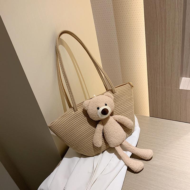 Woven Bag Large Capacity Ethnic Style Plush Bear Cute Straw Bag Shoulder Bag Travel Beach Bag