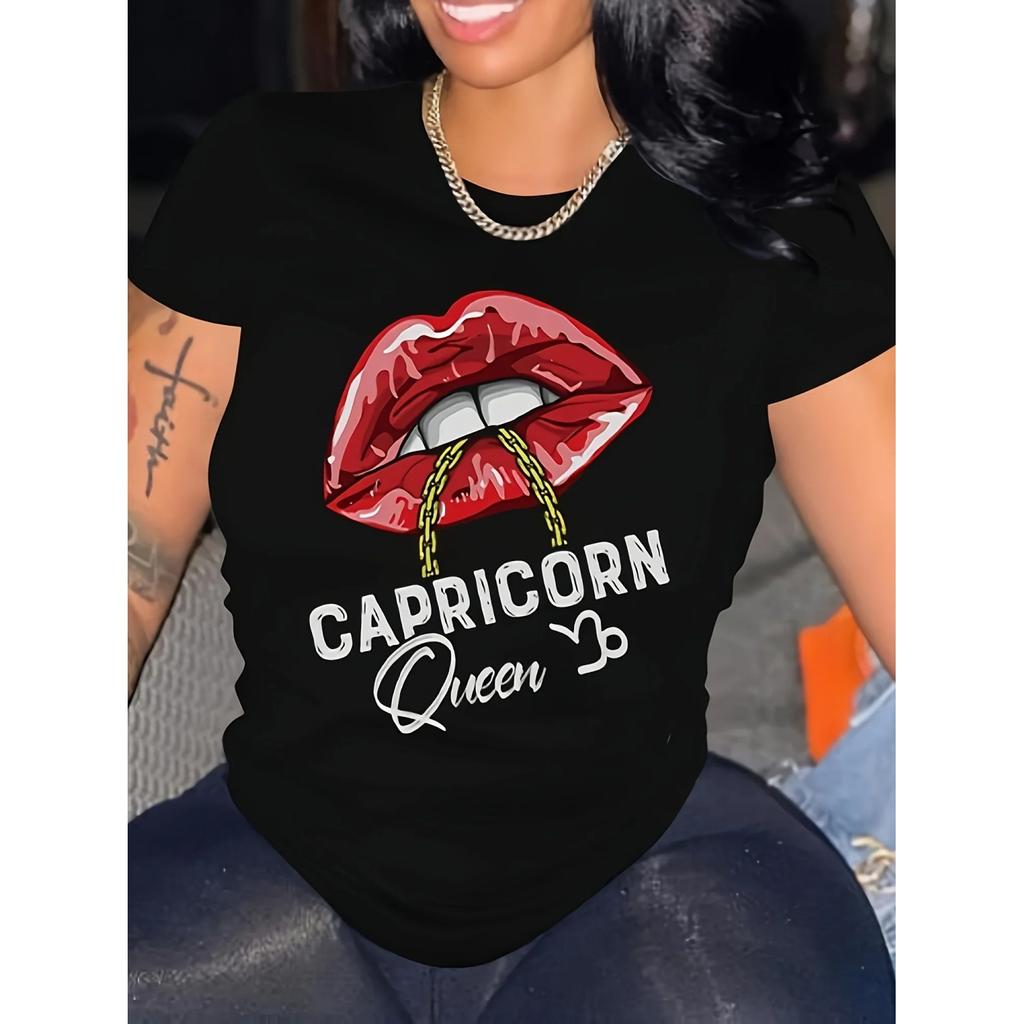 Casual T-shirt, Women's Plus Lip and Chain Print Short-sleeved Crewneck T-shirt