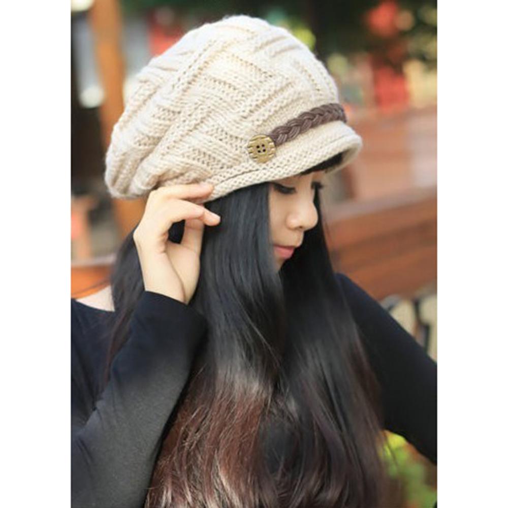 Women Winter Knitted Braided Beanie Hats Cabled Checker Pattern Hat Beret Slouchy Button Leather Belt Cap