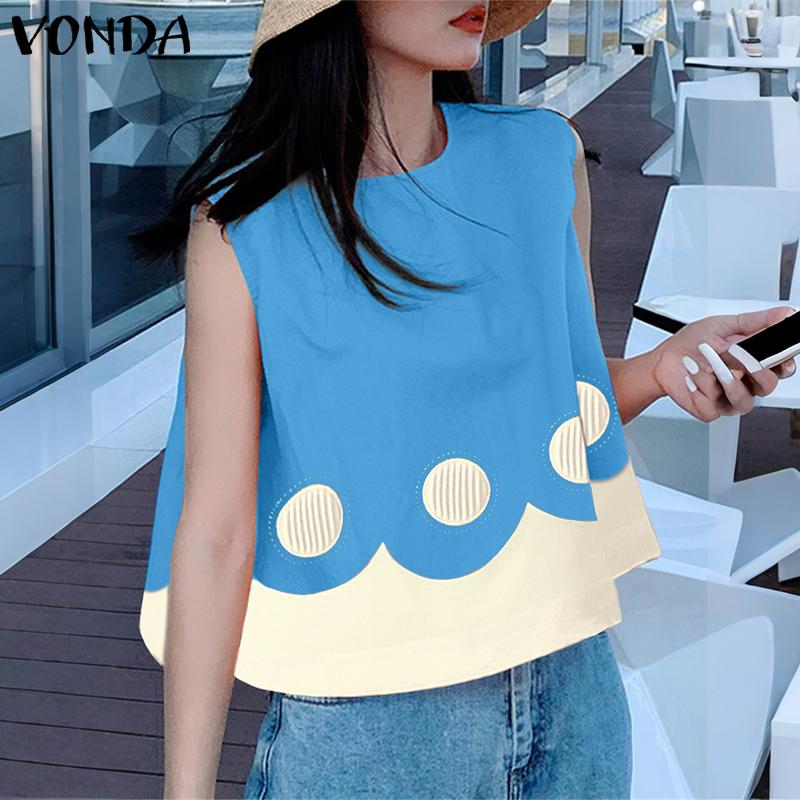 

VONDA Women Girls Summer Sleeveless Polka Dots Print Casual Short Tank Tops 3XL синий