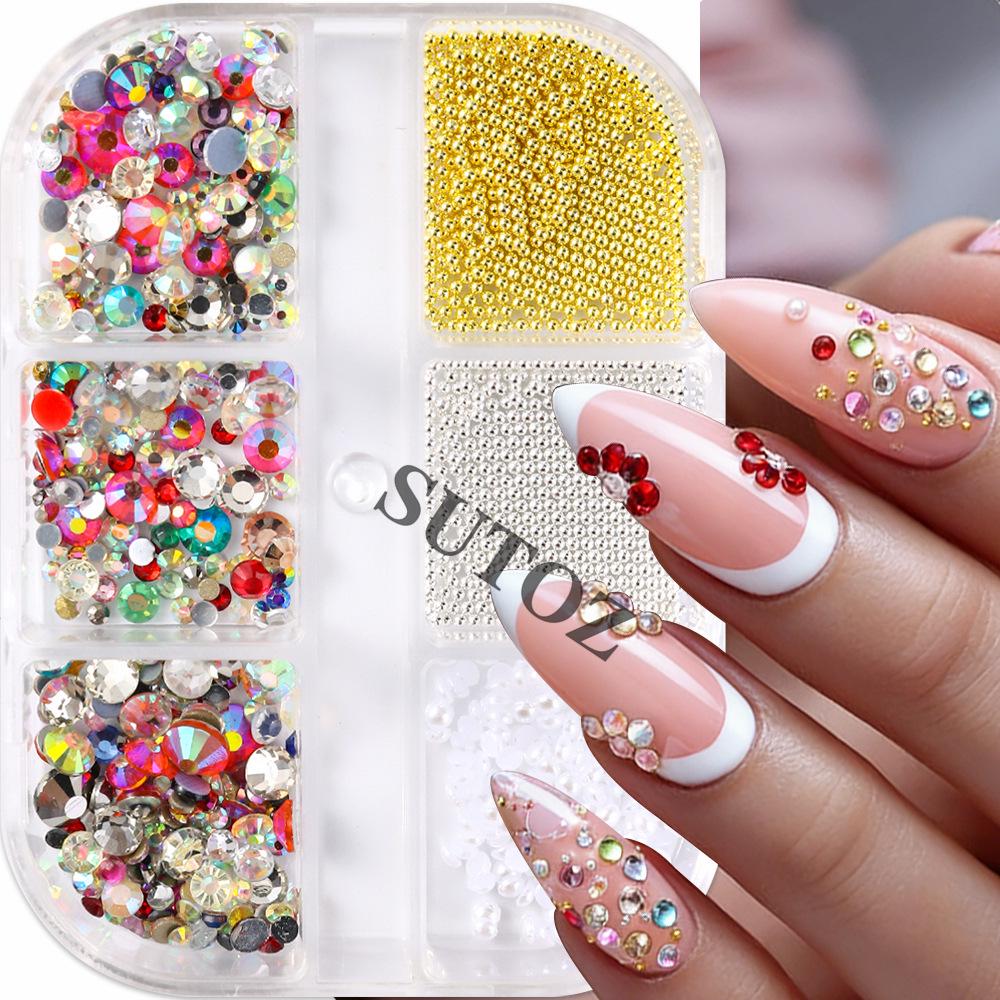 Cross 6-Grid Nail Art Kit: Colored Rhinestones, Gold & Silver Beads, White Pearls