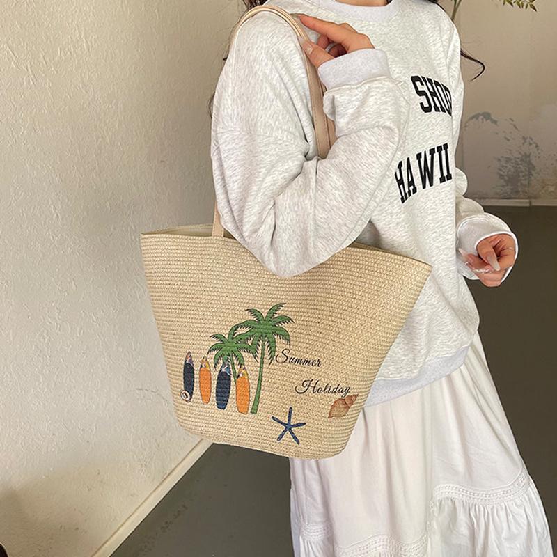 Casual Beach Ladies Large Capacity Shoulder Straw Woven Bag Surfboard Handbag Vacation Beach Grass Tote Bag CLE