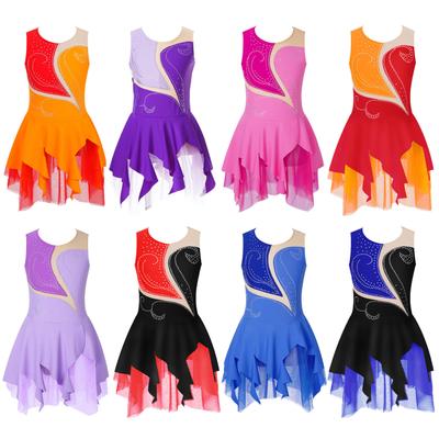 Figure Skating Dress Girls' Ice Skating Dress Asymmetric Hem Mesh Competition Skating Dance Wear