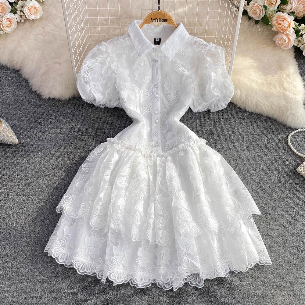 Summer Retro Embroidered Puff Sleeve A-line White Dress