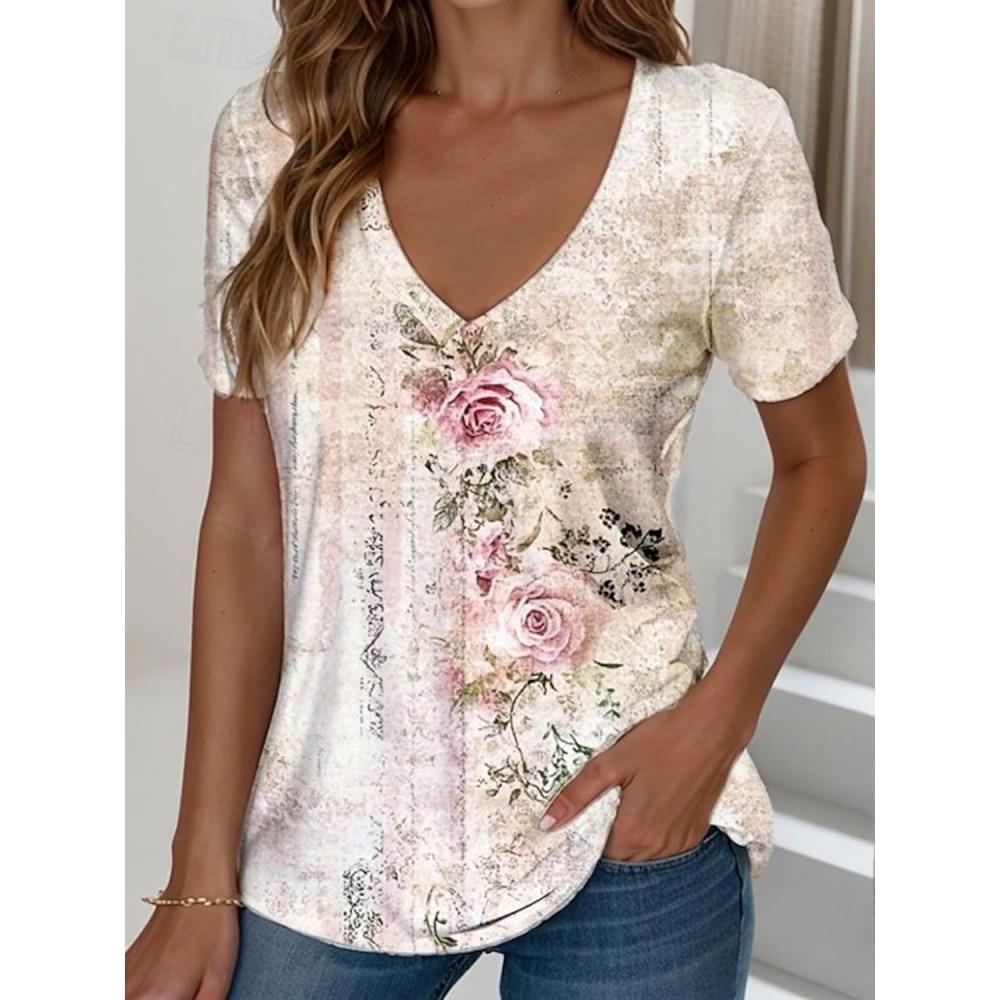 Women's Tribal Abstract Graphic V Neck T-Shirt, Short Sleeve Casual Tops, Yellow Brown Fashion Daily Outfit for Spring & Summer