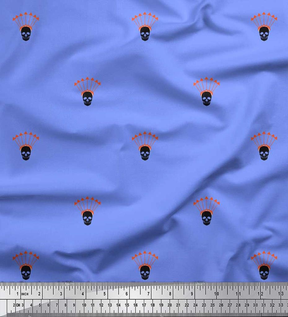 Soimoi Modrá Japonská Krepová Saténová Látka Látka s potiskem Šipky a Lebky na metr 42 Palců