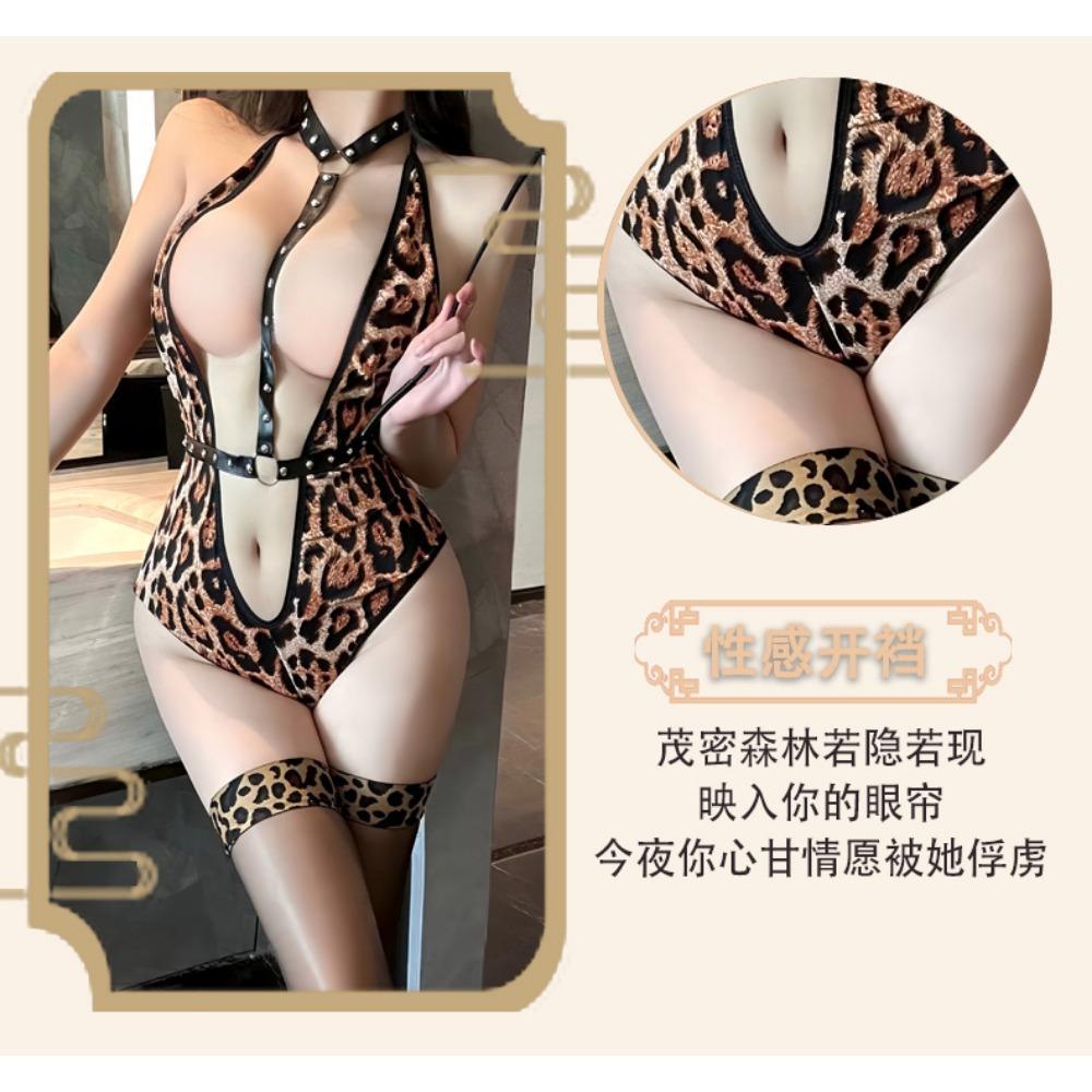 Domila Sexy Lingerie Sexy Rivets Pendant Leopard Print Open Crotch Onesie Hot Wild Charm Leopard Girl